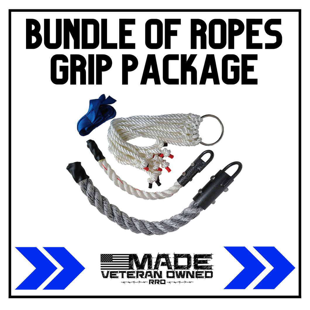 Rope grips are very common through many obstacle course races and ninja warrior events. This rope bundle includes Twirly Beard, which can be found at Savage Races, a thick rope nunchuck and a thin rope nunchuck, both of which we've seen at Spartan Races, as well as, other OCR events. Practice pull ups and dead hangs off of these grips or line them up and make your way across them. Either way, these vertical hanging grips are going to take your grip game up a notch.